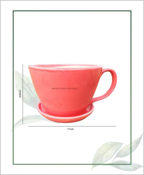 Ceramic Cup with Tray Table Top Planter Pastel Corel 7 inch