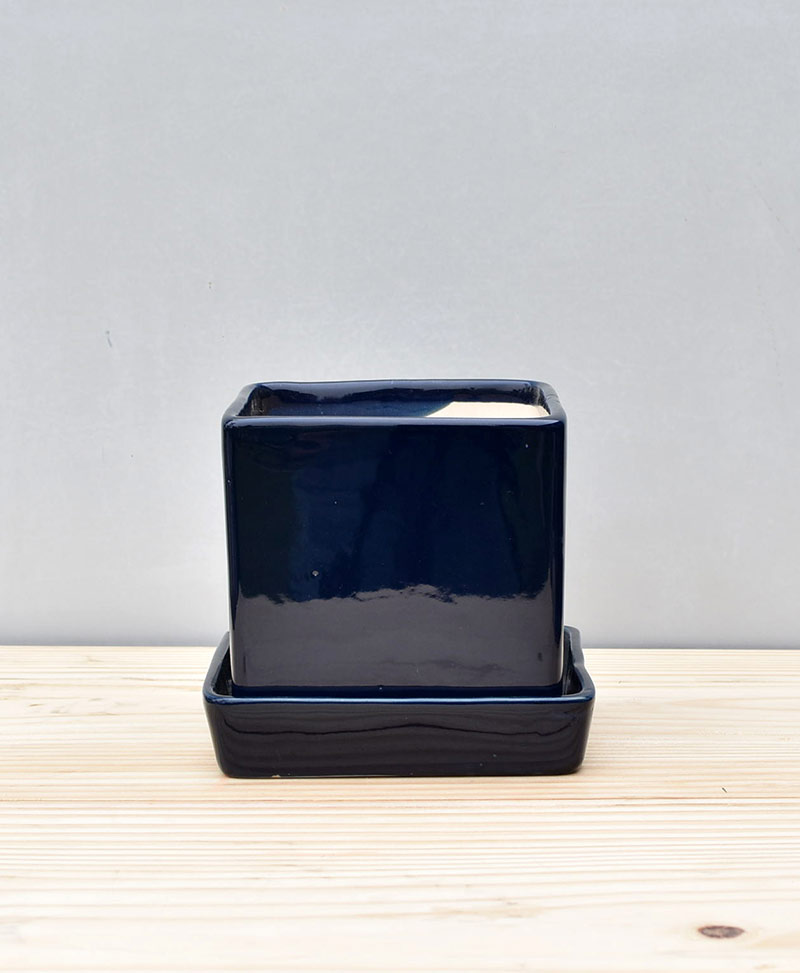 Ceramic Cube 4 inch with Plate Navy Blue