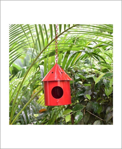 Metal Hanging Bird House Round Red